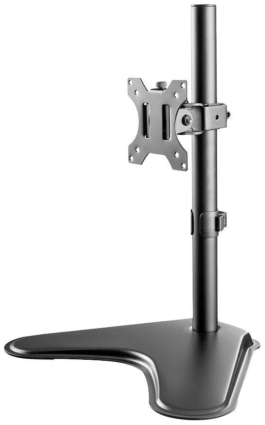 A black, metallic monitor stand with an adjustable height tube and a VESA mount for screen mounting.
