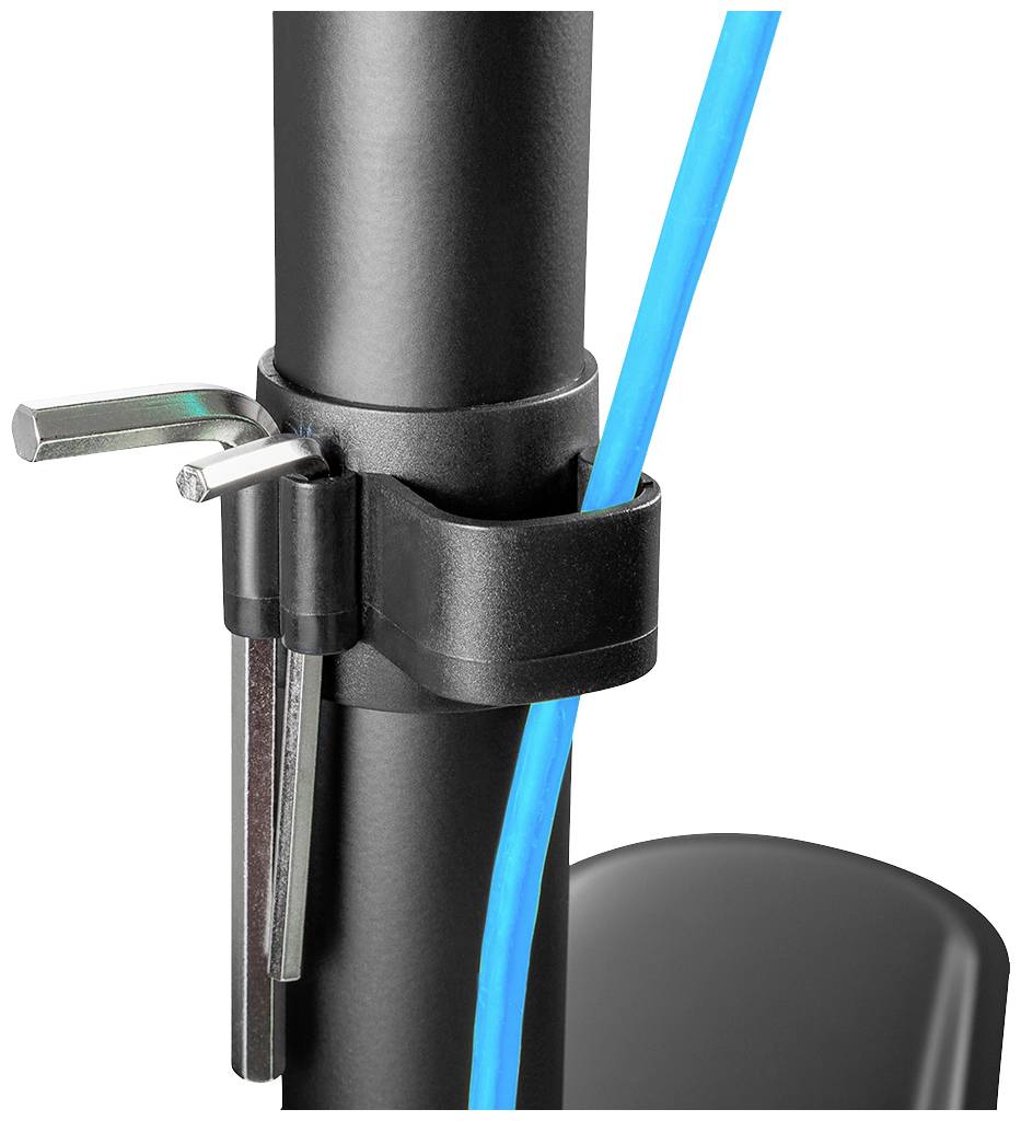Close-up of a black tripod stand with a mounting clip for a blue cable, alongside two Allen keys in a holder.