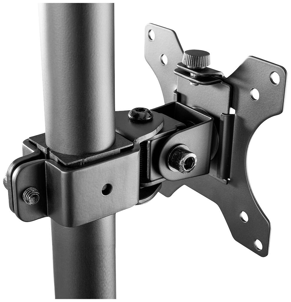 Metal mounting bracket that secures a screen to a vertical stand. Screws and an adjustment knob are visible at the top.