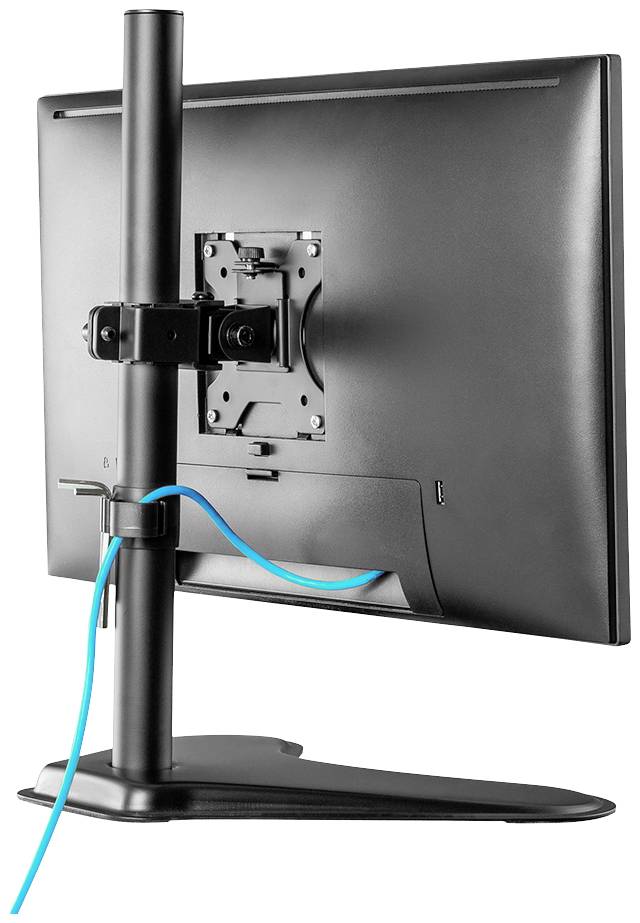 The screen is mounted on an adjustable monitor stand; cables are neatly routed through the cable management system.