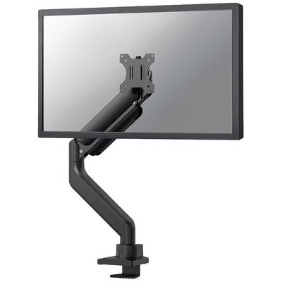 Height-adjustable monitor arm with a screen attached. The arm is black and mounted on the edge of a desk.
