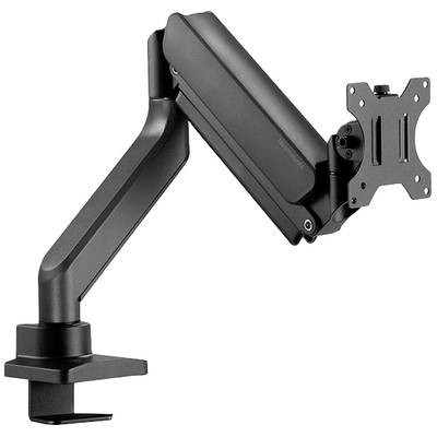 A black monitor arm with adjustable joint and desk clamp for mounting. Suitable for installing a display screen.