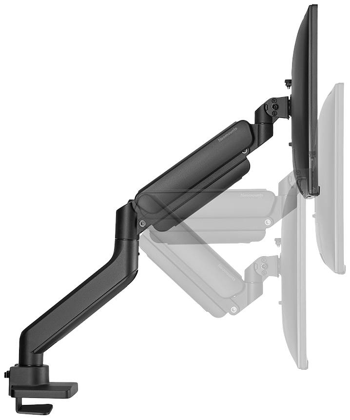 An adjustable monitor arm demonstrates various height and tilt positions of a screen. It is mounted to a desk.