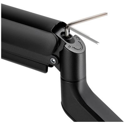 Close-up of a black articulated arm with an Allen key inserted, used for adjusting the arm's position.