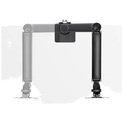 'Two black monitor arms in a symmetrical position, designed for flexible screen arrangements.'