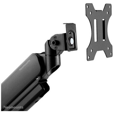 A black monitor arm by Neomounts with a flexible joint and a mounting bracket for VESA-compatible displays.