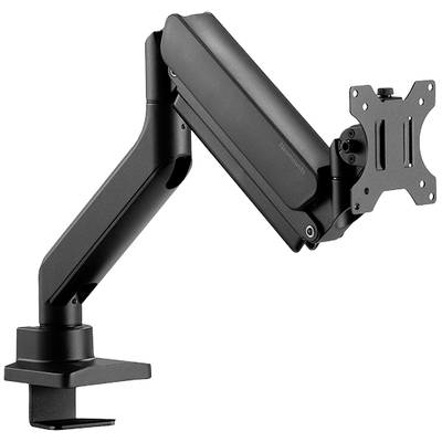 A black, adjustable monitor arm with desk clamp and VESA mount. Suitable for ergonomic positioning of monitors.