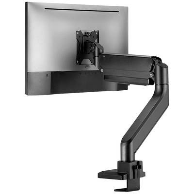A grey monitor is attached to a black, flexible swing arm mounted on a desk.