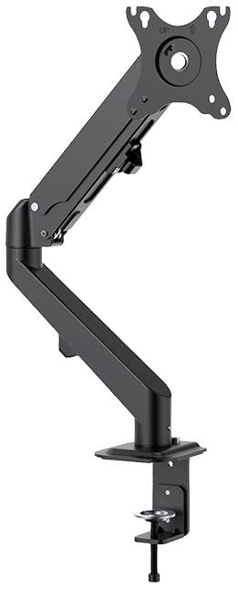Black, adjustable metal monitor arm, mounted on a desk edge, suitable for ergonomic monitor positioning.