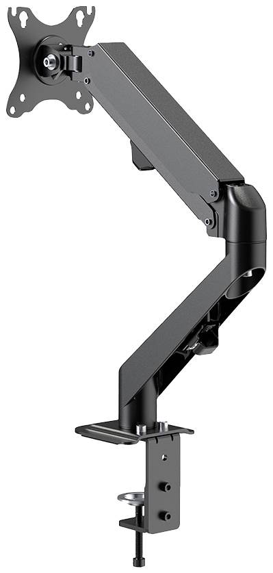 A black monitor arm for desk mounting with adjustable joint and VESA mount.