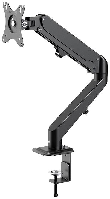 A black monitor arm with adjustable joint and desk clamp for mounting. Designed for ergonomic screen positioning.