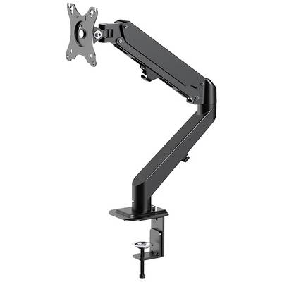A black monitor arm with adjustable joint and desk clamp for mounting. Designed for ergonomic screen positioning.