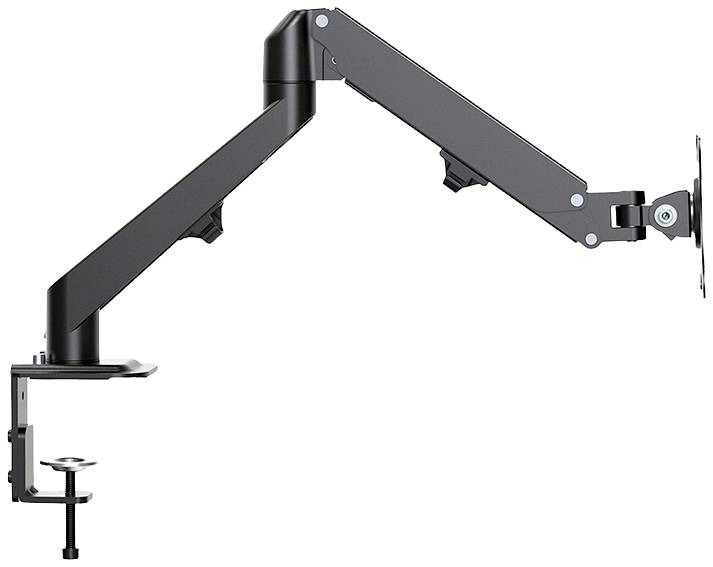 Black monitor arm with multiple joints, mounted on a desk, for flexible positioning of a screen.