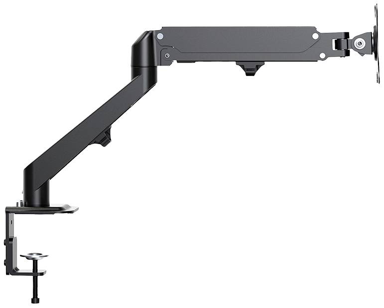 Black adjustable monitor arm with desk clamp, suitable for ergonomic screen positioning in workspaces.