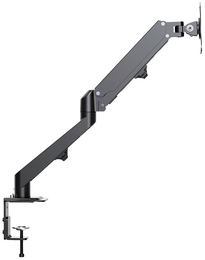Adjustable metal monitor mount with clamp fixing, suitable for flexible positioning on desks.