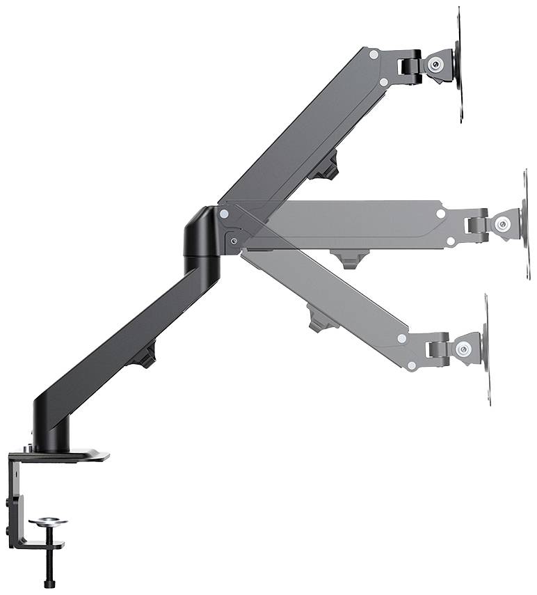 Monitor mount with three adjustable arms, for desk mounting, one screen holder per arm, in side view.