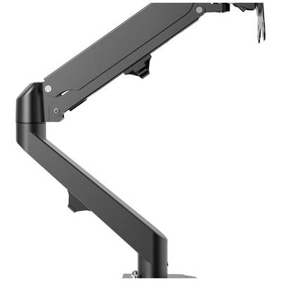 A grey, adjustable monitor arm, side view. Suitable for mounting a screen for ergonomic desk working.