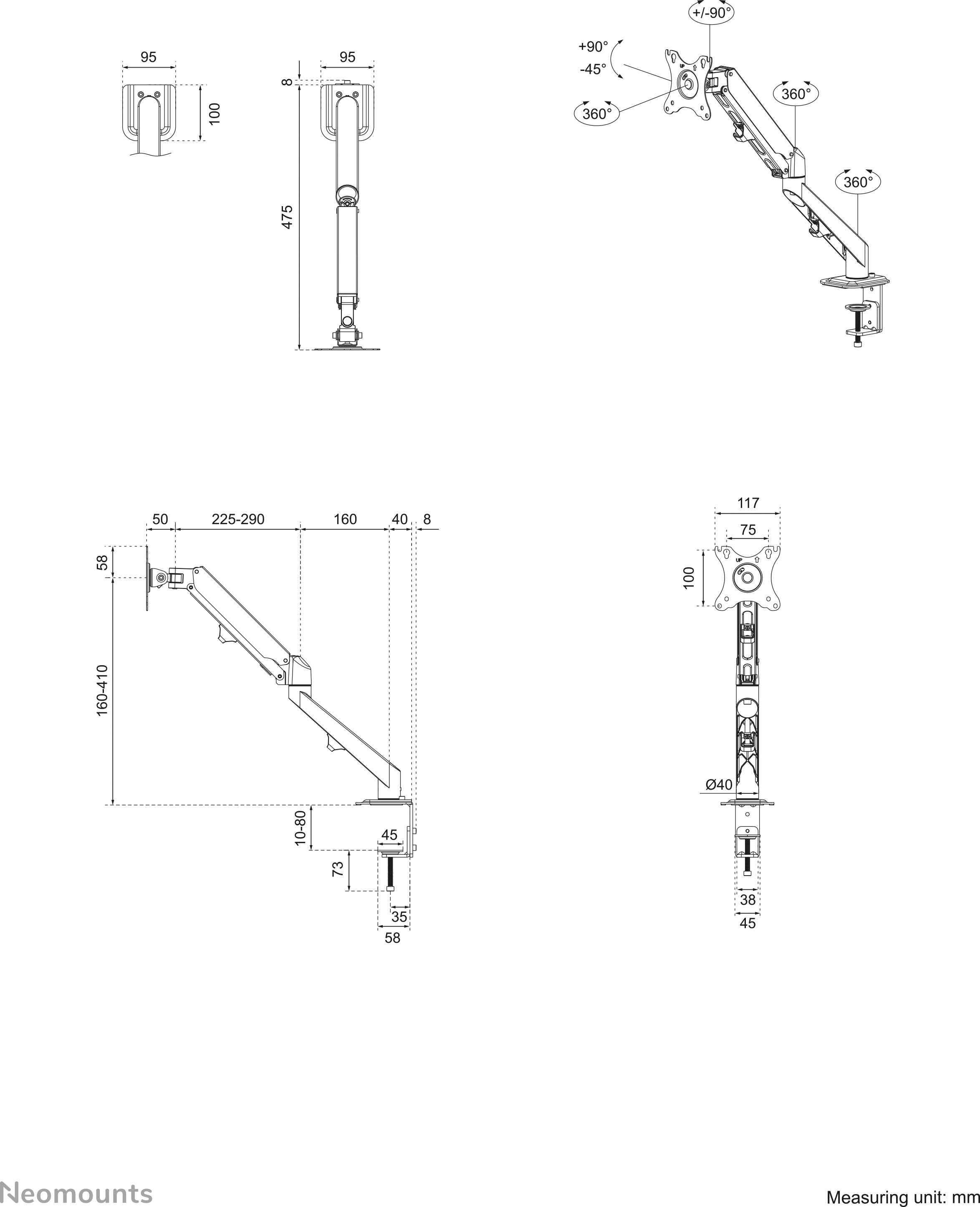 'Technical drawing of an adjustable monitor arm with dimensions and pivot movements. Measurement unit: Millimetres.'
