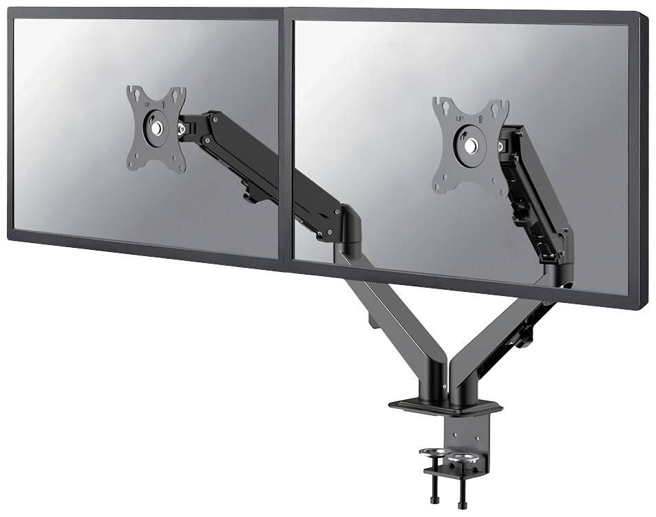 Two computer monitors mounted side by side on an adjustable arm, attached to a desk.