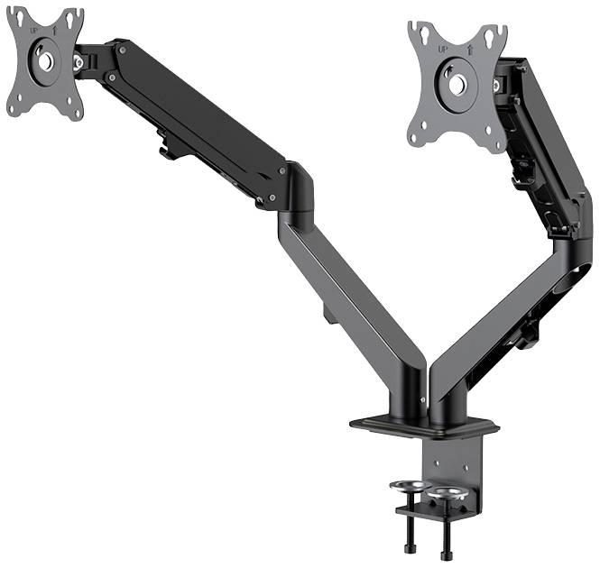 Two black monitor arms with articulating joints for mounting on a desk; suitable for supporting two monitors.