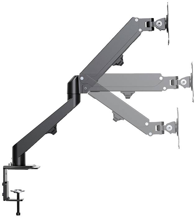 A black, adjustable dual monitor arm with desk clamp. Both arms feature joints for flexible positioning of the monitors.