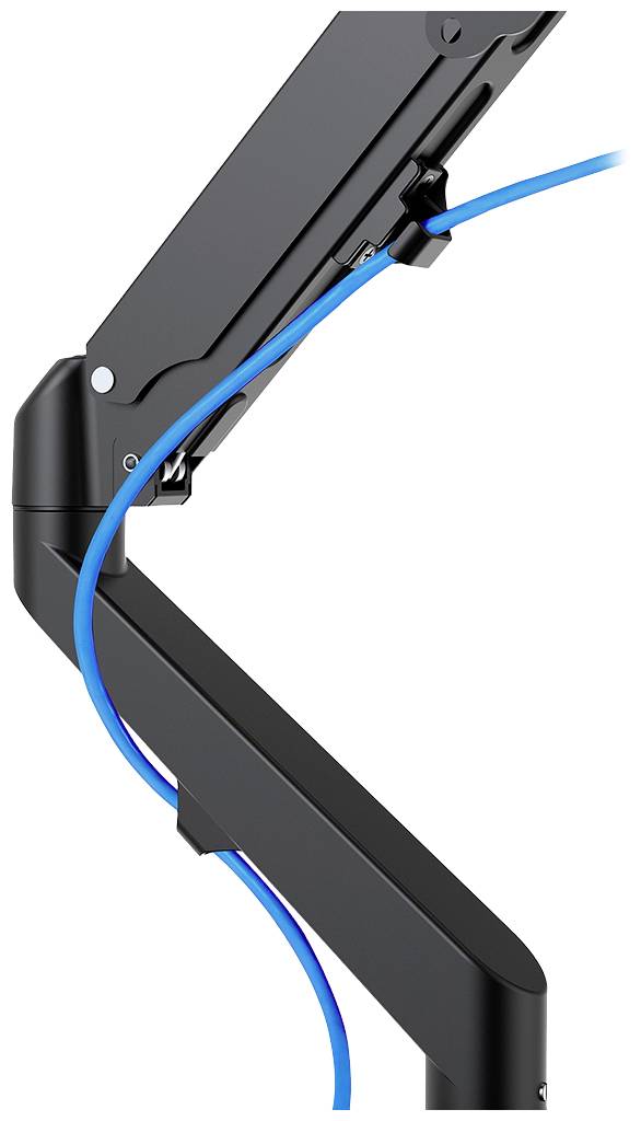 A black monitor arm with blue cable management routing ensures tidy organisation and flexibility at the workplace.