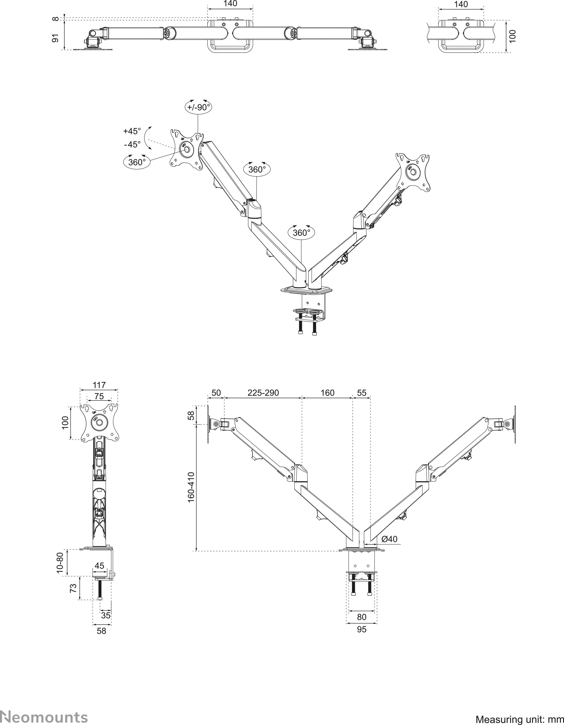 Technical drawing of a swivel monitor arm with dimensions in millimetres. Shows tilt, rotation, and pivot angles, along with height and width specifications.