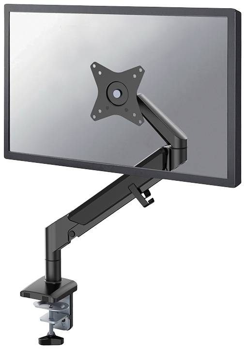 An adjustable monitor arm mounted on a desk. The arm supports a flat screen displayed without a frame.