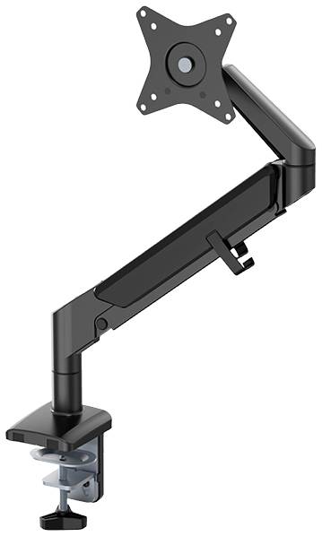 A black monitor arm with adjustable joint and clamp for mounting to a desk. Ideal for flexible positioning of a screen.