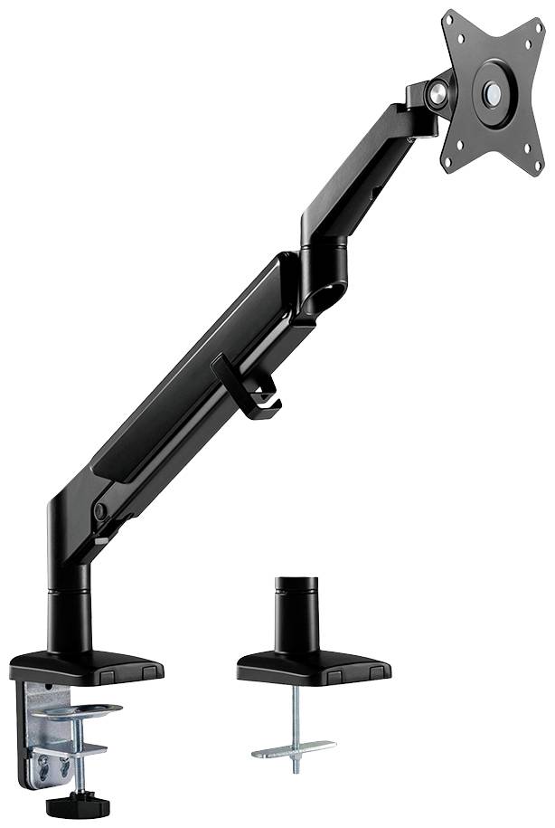 Black, adjustable monitor arm with desk clamp and optional through-desk mounting. Designed for ergonomic screen positioning.