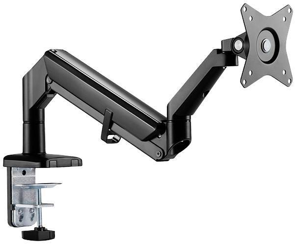 A height-adjustable monitor arm in black metal, mounted on a desk, with a device for securing a display screen.