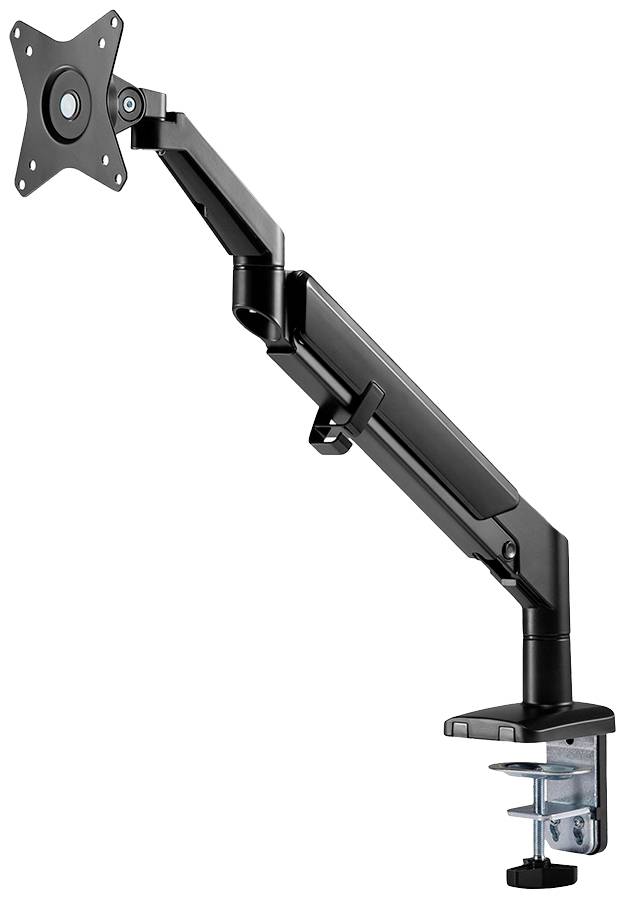 A black adjustable monitor arm, mounted on a desk, designed to support a monitor.