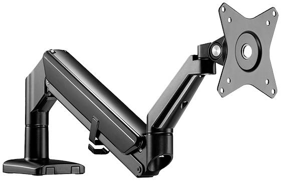 A black monitor arm with adjustable joint and VESA mount, suitable for attaching a screen to a desk.