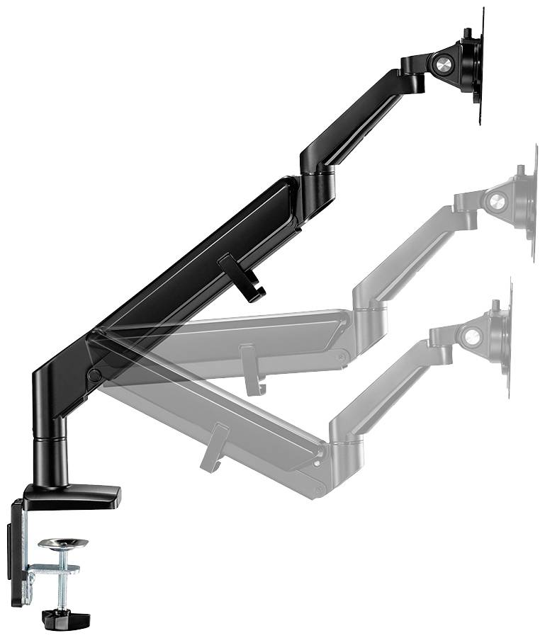 Adjustable black monitor arm with desk clamp and rotatable joint, capable of adjusting the monitor's tilt and height.