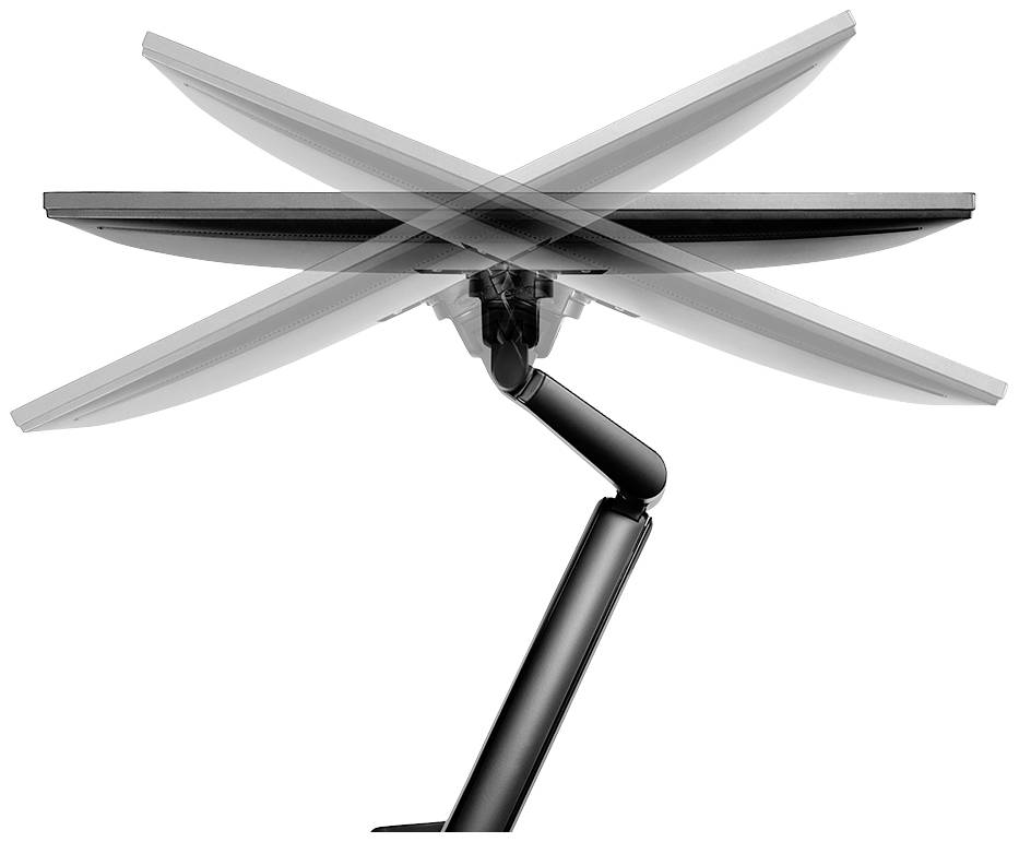 A black monitor arm demonstrating the flexible tilt of a screen in various directions.
