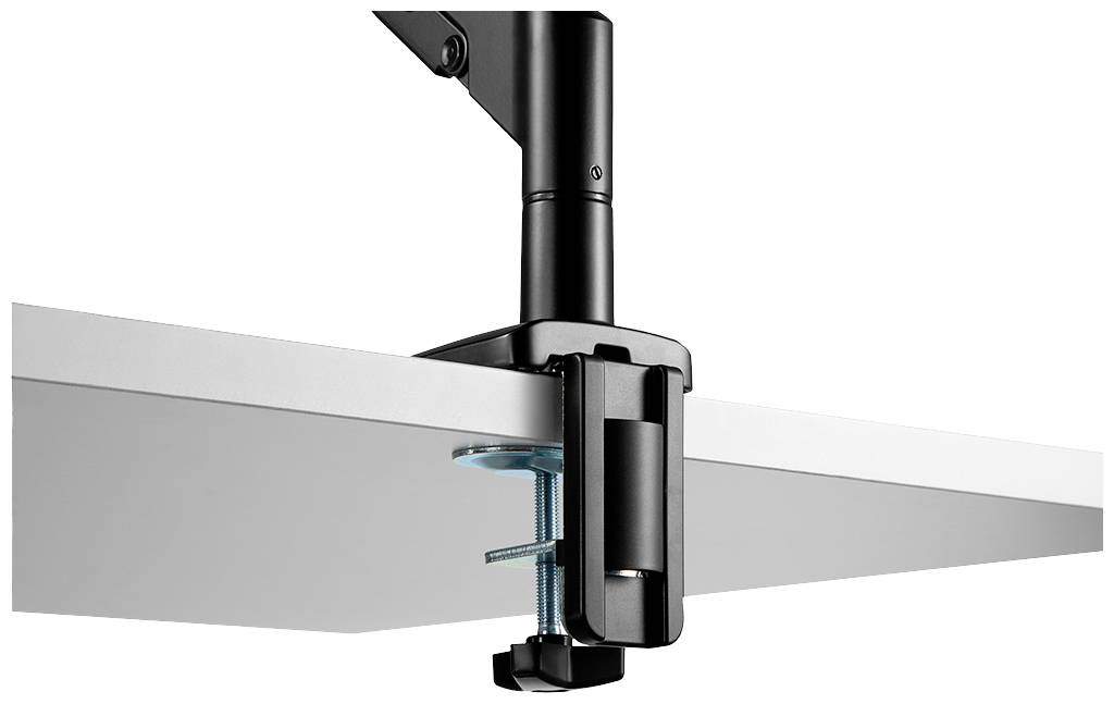 A black desk-mounted arm securely clamped to a table.