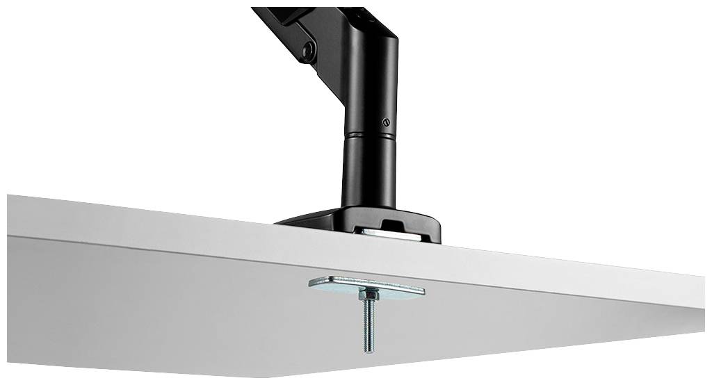 Black monitor arm attached to a white desk. The arm is height-adjustable and shows a stable mounting.