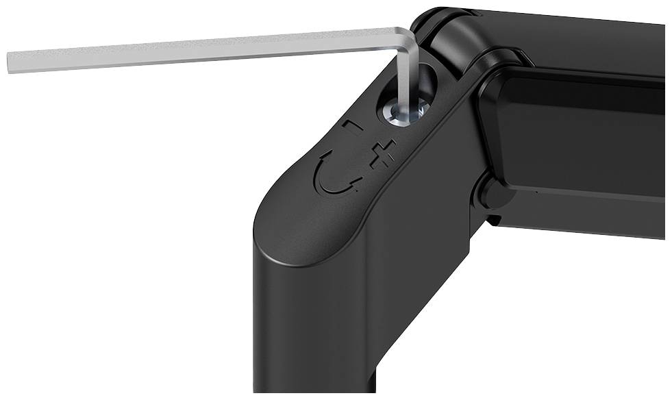 Allen key is used to adjust a screw on a pivot arm. A plus sign indicates the direction for increased tension.