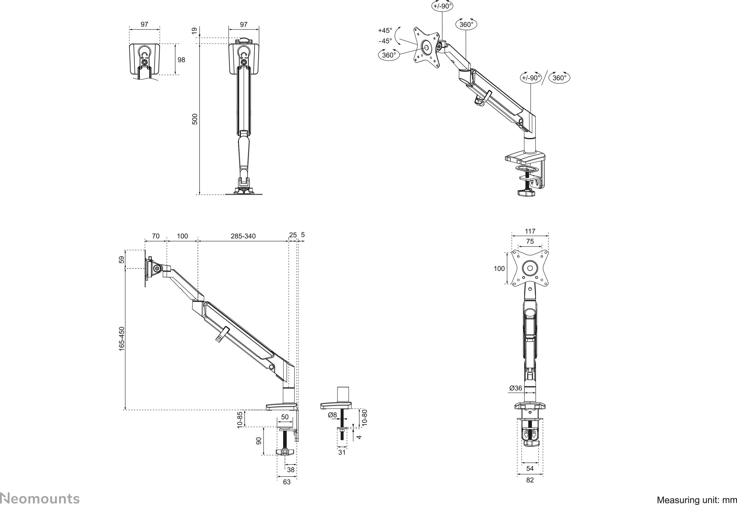 Technical drawing of a monitor arm with dimensions in mm. Shows side, front, and top view of the arm with mounting details.