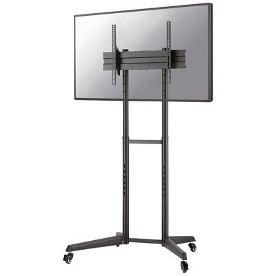 Portable flat screen stand on castors, black metal construction, suitable for presentations or offices.