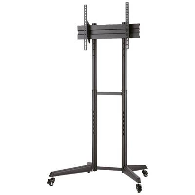 Black mobile TV stand with wheels, suitable for large screens. Adjustable mounting bracket, sturdy metal frame.