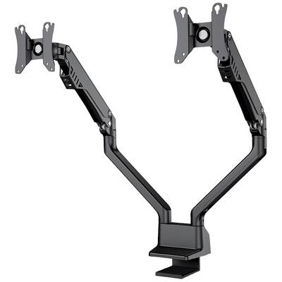 Metal dual monitor stand with flexible swivel arm, suitable for desk mounting, designed to simultaneously support two screens.