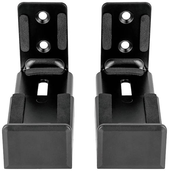 Two black plastic wall brackets with foam padding and two mounting holes. Ideal for secure installation.