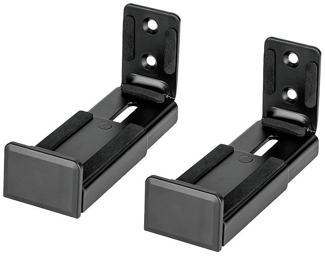Two black wall brackets with rectangular mounting plates and adjustable arms for supporting devices or speakers.