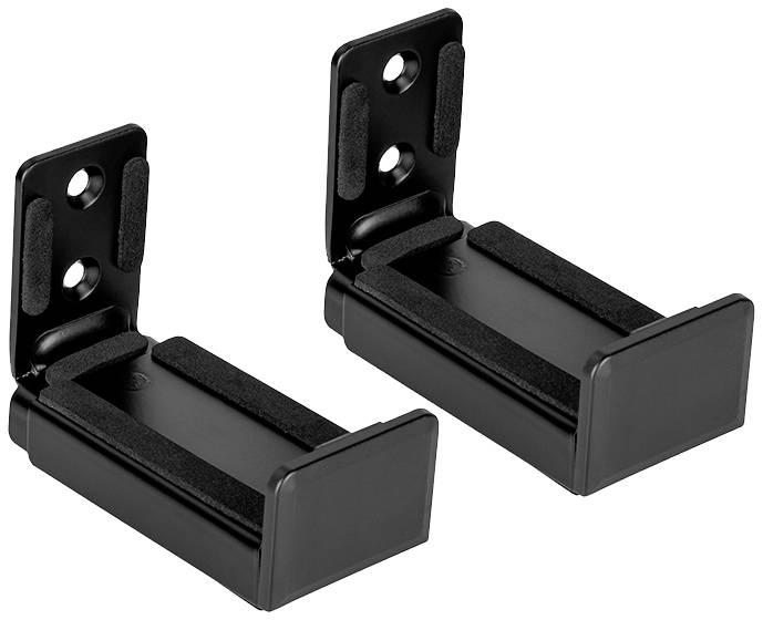 Two black, padded wall-mounting brackets. They are rectangular and have two screw holes at the top.