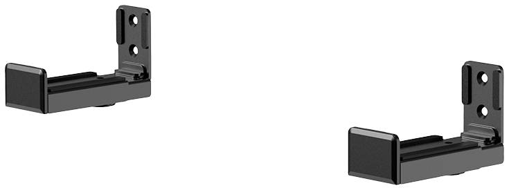 Two black, rectangular wall brackets designed for mounting on a wall to securely hold objects.