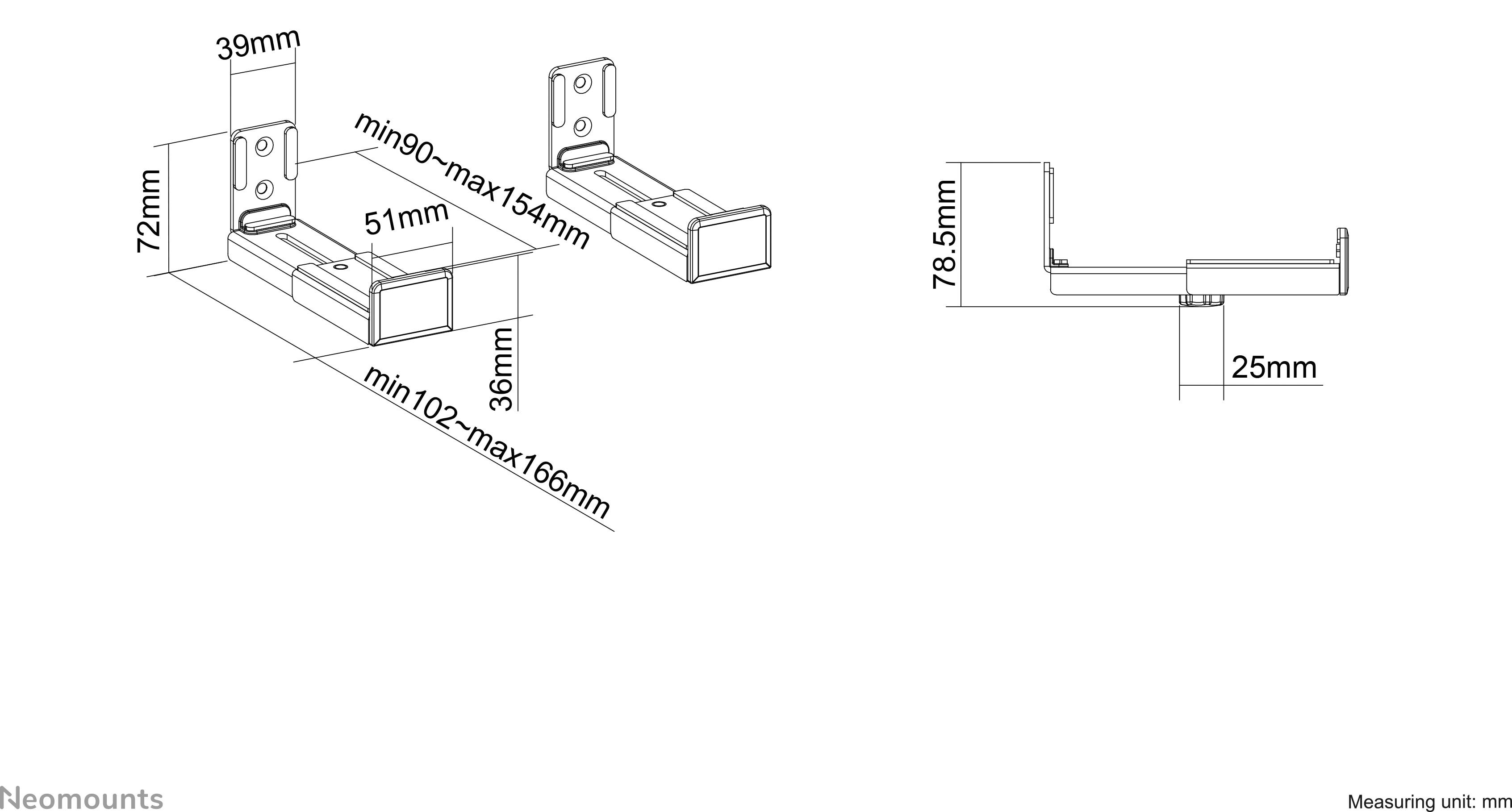 Technical Drawing of a Wall Bracket: Dimensions from 72mm to 186mm, Front and Side View. Unit of Measurement: mm.