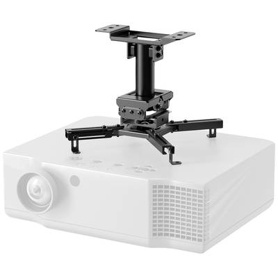 Projector mounted on bracket, side view. The bracket has adjustable arms for flexible ceiling positioning.