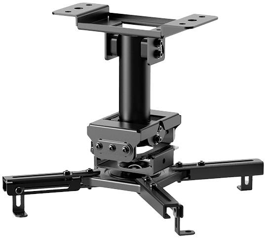 A height-adjustable ceiling projector mount made of metal with multiple joints and mounting options for various projectors.