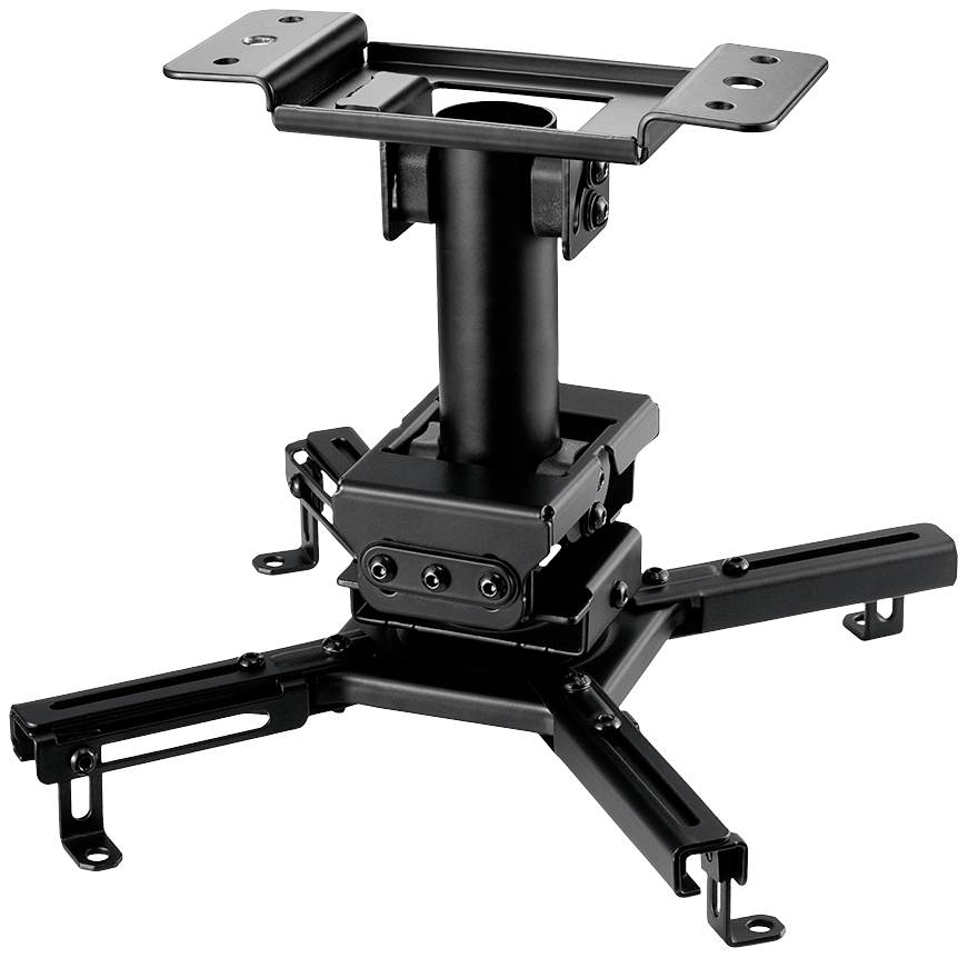 Black ceiling mount for projectors, with adjustable arms and robust metal body, suitable for various projector sizes.